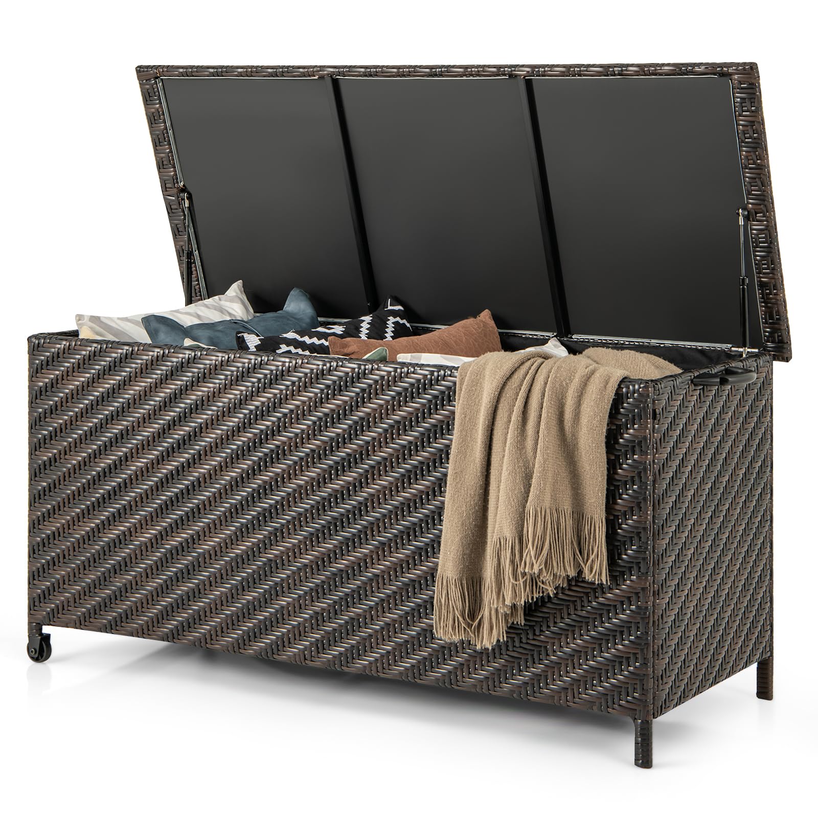 Tangkula Coffre de rangement en rotin tressé, Meuble de rangement Patiojoy avec doublure en polyester, Boîte de rangement intérieure/extérieure de 85 gallons